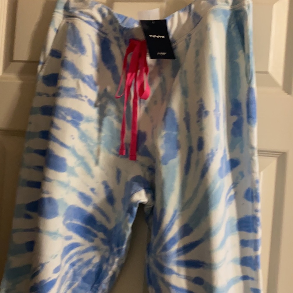 J. Crew Blue & White Tie-Dye Track Pants with Pink Drawstring - Picture 5 of 11